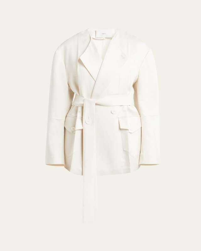 No Collar Origami Belted Wool Jacket